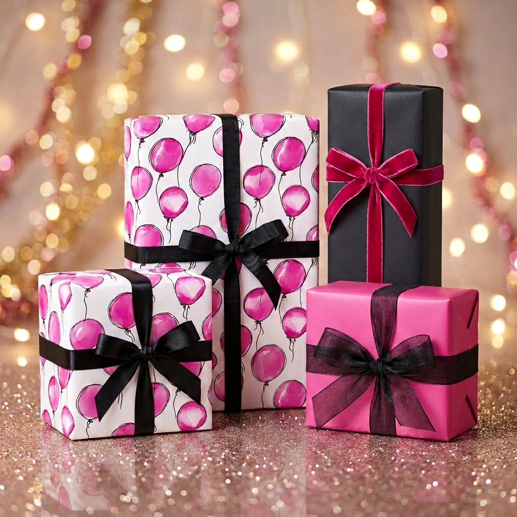 Assorted Wrapped Studios gifts in pink, black, and white balloon wrapping paper.