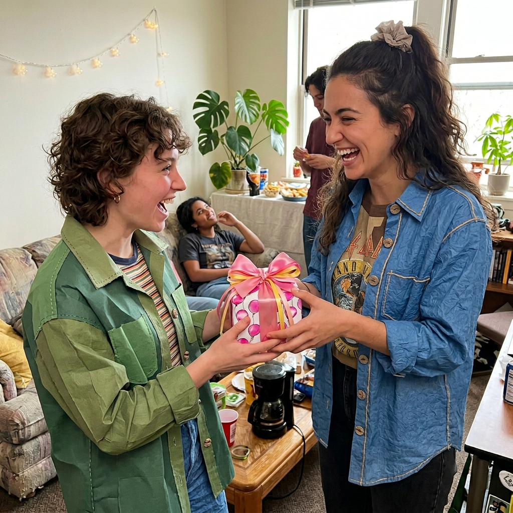Person gives a pink balloon-patterned birthday wrapping paper, finished with a pink and yellow ribbon bow.