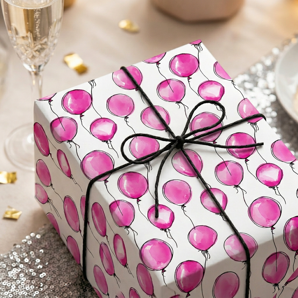 Gift wrapped in pink balloon pattern birthday wrapping paper and tied with black string.