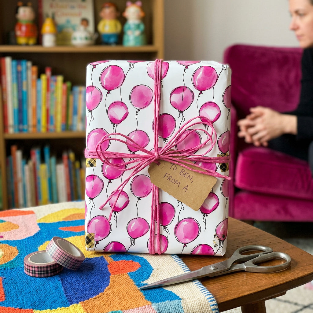 Pink balloon birthday wrapping paper with twine ribbon and kraft tag. From Wrapped Studios.
