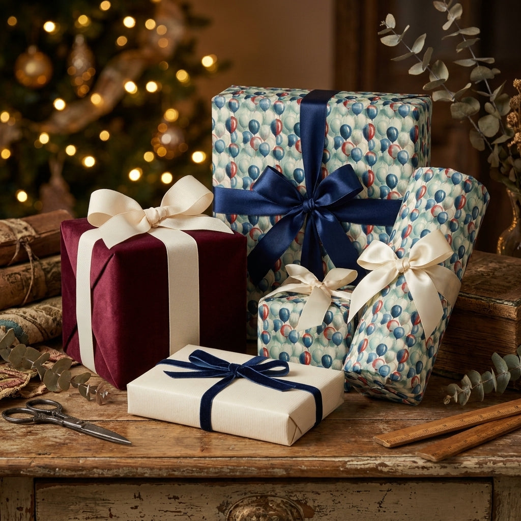 Blue balloon wrapping paper and luxury holiday gift wrap on Christmas presents by Wrapped Studios.