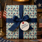 Patriotic red, white, and blue balloon birthday wrapping paper with a navy ribbon by Wrapped Studios.