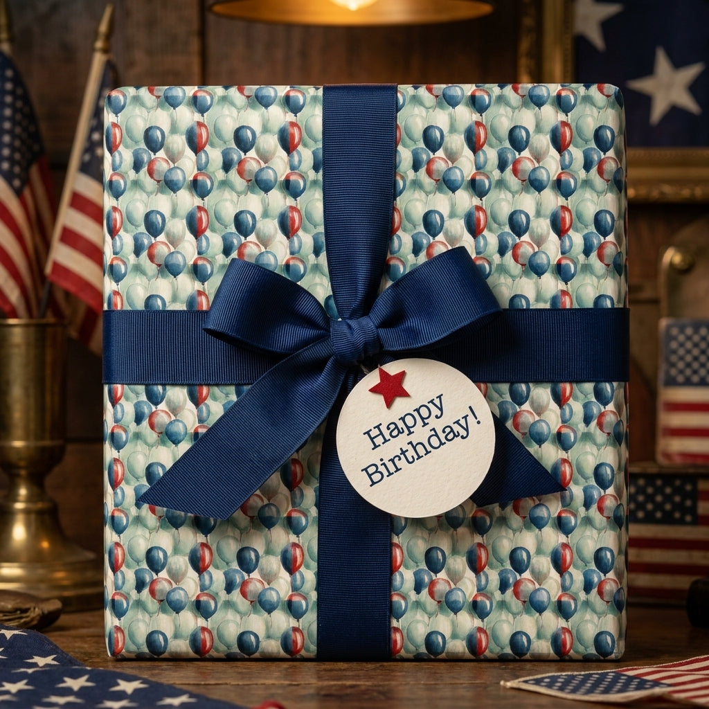 Patriotic red, white, and blue balloon birthday wrapping paper with a navy ribbon by Wrapped Studios.