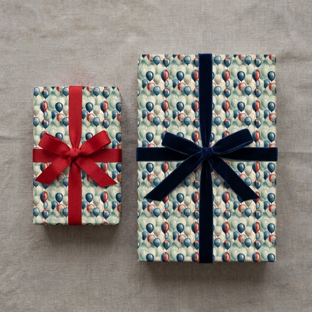 Vintage balloon birthday wrapping paper on gifts with red and navy velvet ribbons by Wrapped Studios.