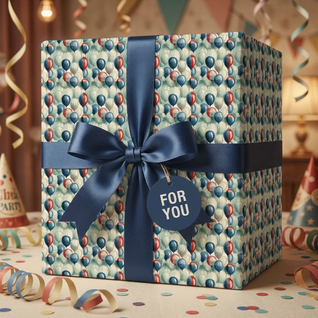 Playful balloon birthday wrapping paper with a navy blue satin bow and "For You" gift tag by Wrapped Studios.