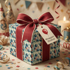 Balloon birthday wrapping paper with a luxury red ribbon and gift tag by Wrapped Studios.