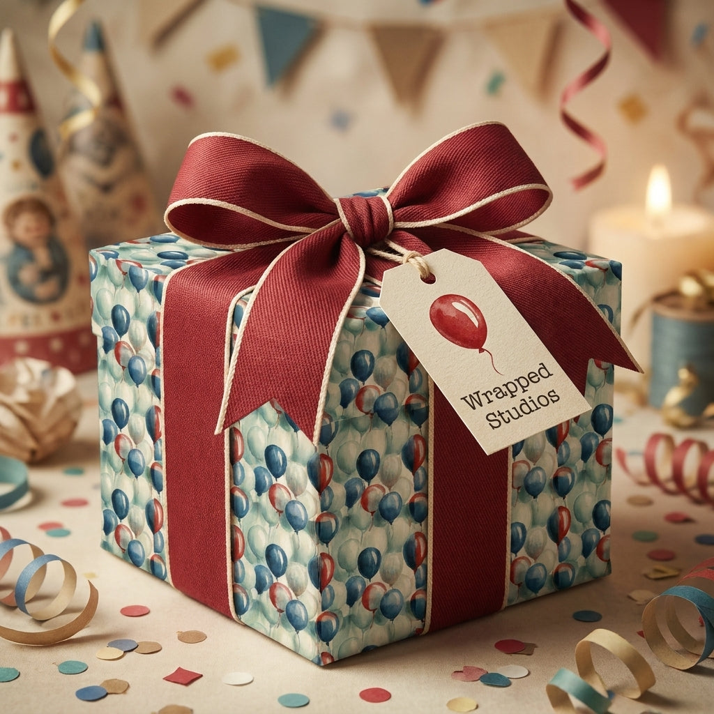 Balloon birthday wrapping paper with a luxury red ribbon and gift tag by Wrapped Studios.