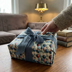 Hand placing a gift wrapped in vintage balloon birthday wrapping paper with a blue bow, by Wrapped Studios.