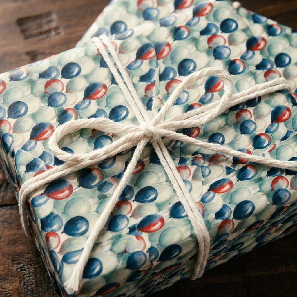 Playful balloon birthday wrapping paper tied with a white twine bow by Wrapped Studios.