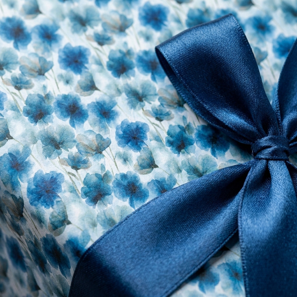 Luxury blue floral wrapping paper with a watercolor flower pattern and navy satin bow by Wrapped Studios.