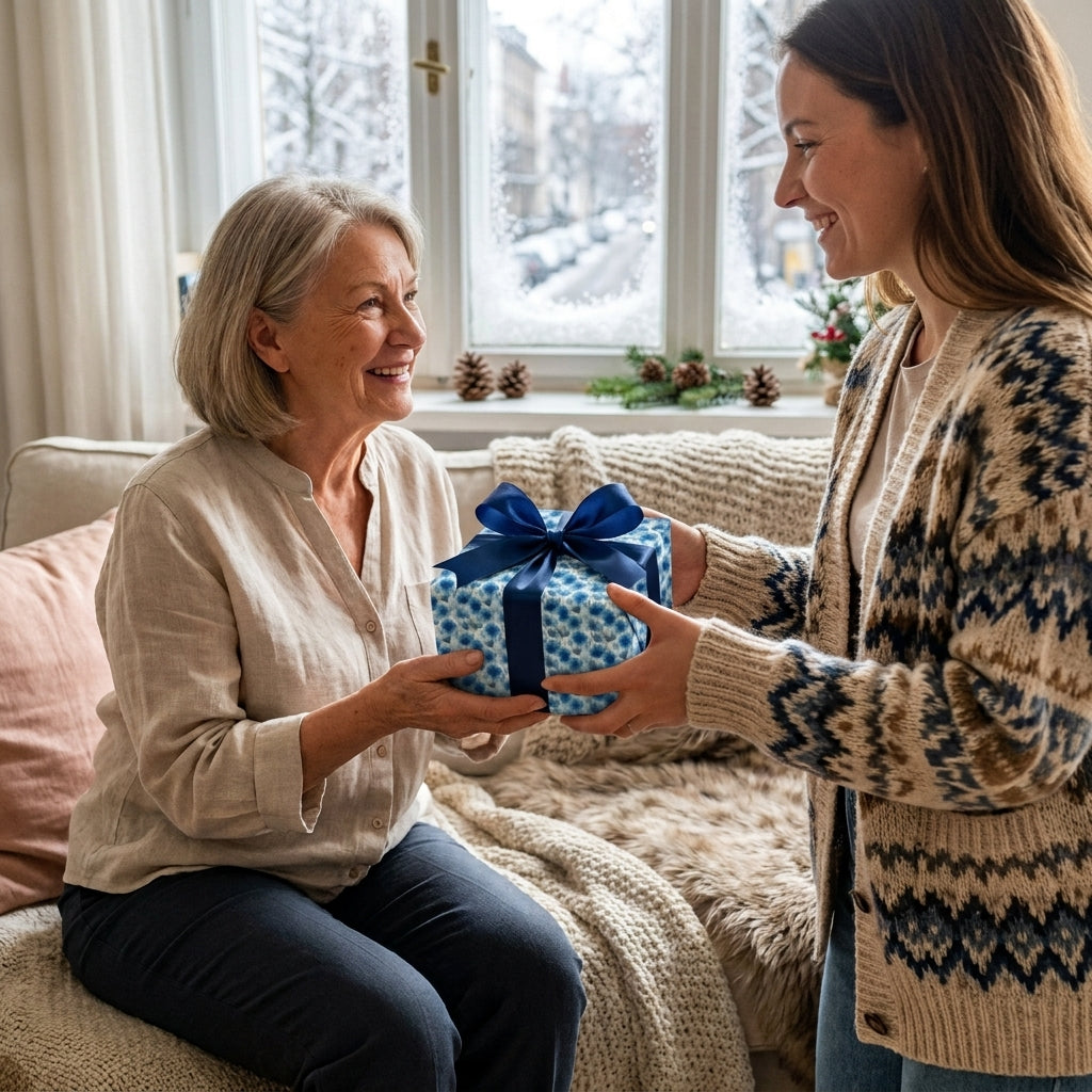 Woman giving her mother a holiday gift in blue floral wrapping paper with blue ribbon, by Wrapped Studios.