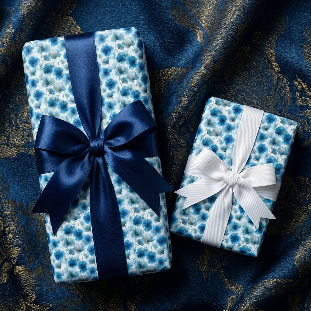 Luxury blue floral wrapping paper with elegant navy and white bows on gift boxes by Wrapped Studios.