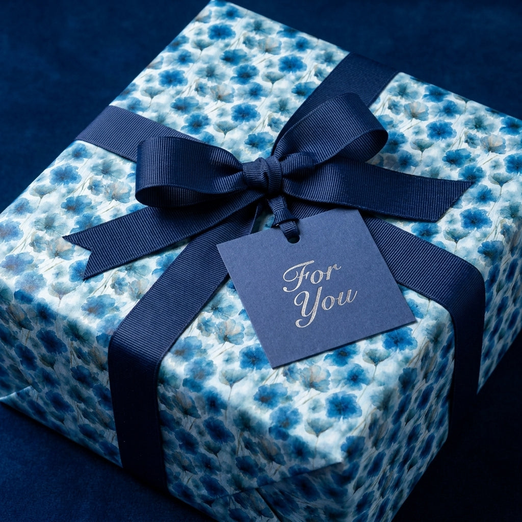 Luxury blue floral wrapping paper on a gift box with a navy bow and tag by Wrapped Studios.