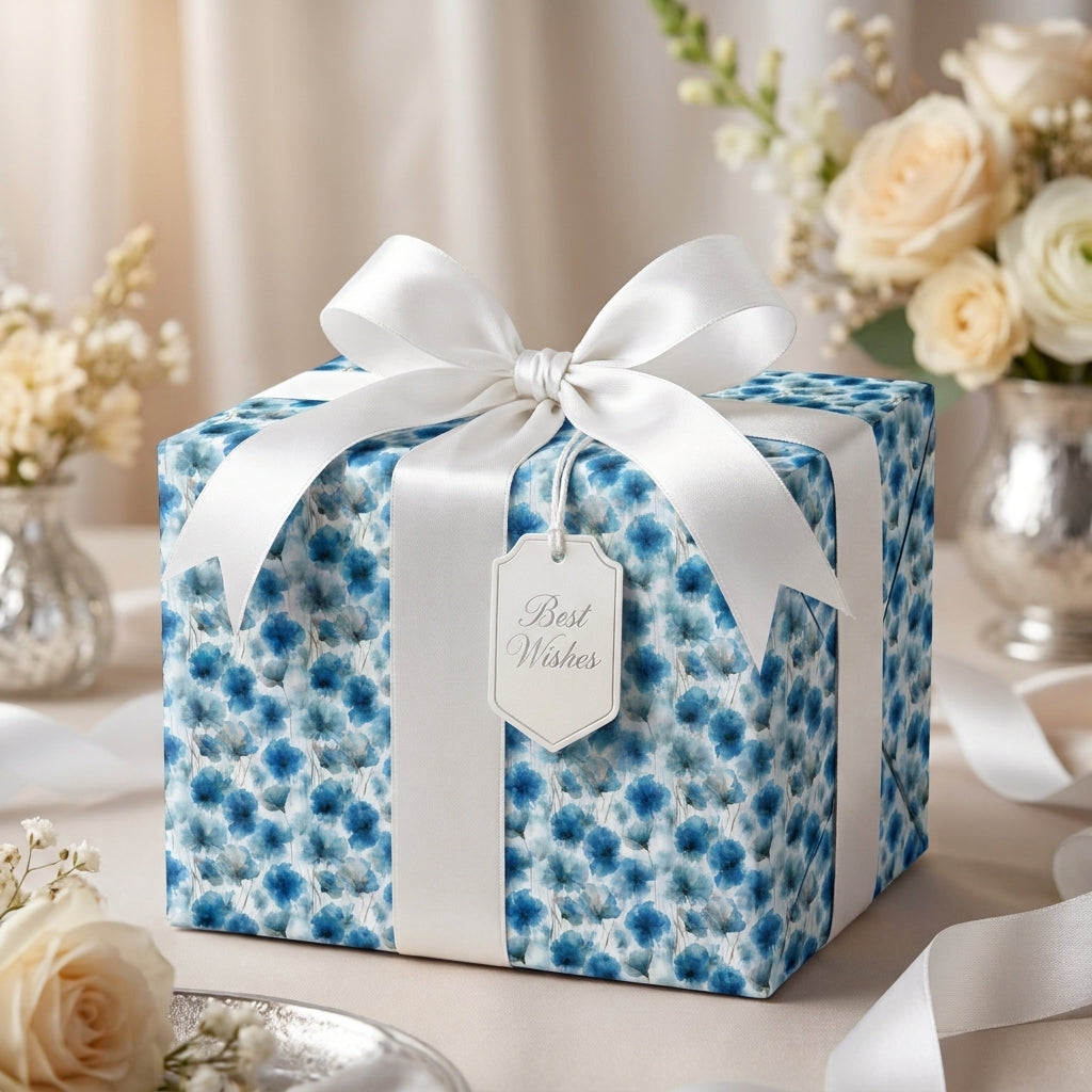 Luxury blue floral wrapping paper with a white satin bow and gift tag by Wrapped Studios.