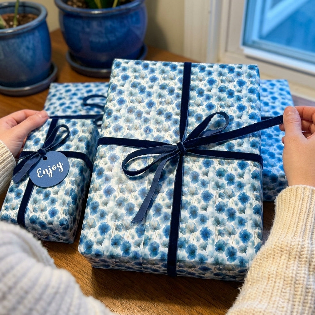 Hands tying navy ribbon on luxury blue floral wrapping paper by Wrapped Studios.