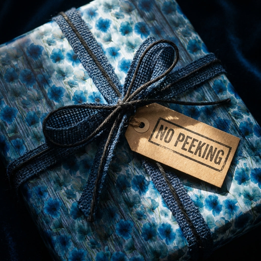 Vintage blue floral wrapping paper with a burlap ribbon and No Peeking tag by Wrapped Studios.