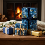 Elegant Christmas gift wrap with blue and gold celestial patterns, velvet ribbons, and cozy fireplace background.