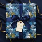 Elegant abstract navy blue wrapping paper with gold accents and satin ribbon.