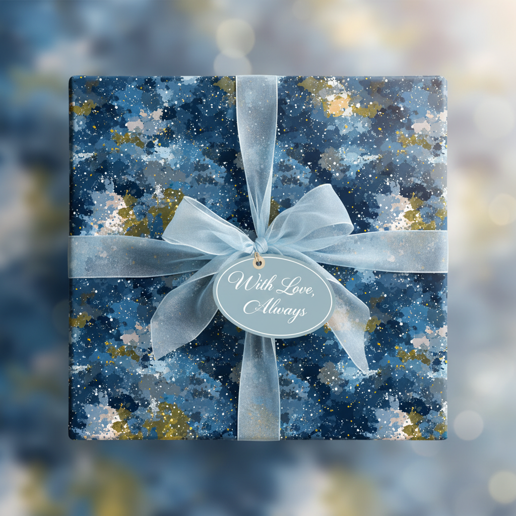 Elegant gift wrapped in abstract blue wrapping paper with light blue ribbon and tag.