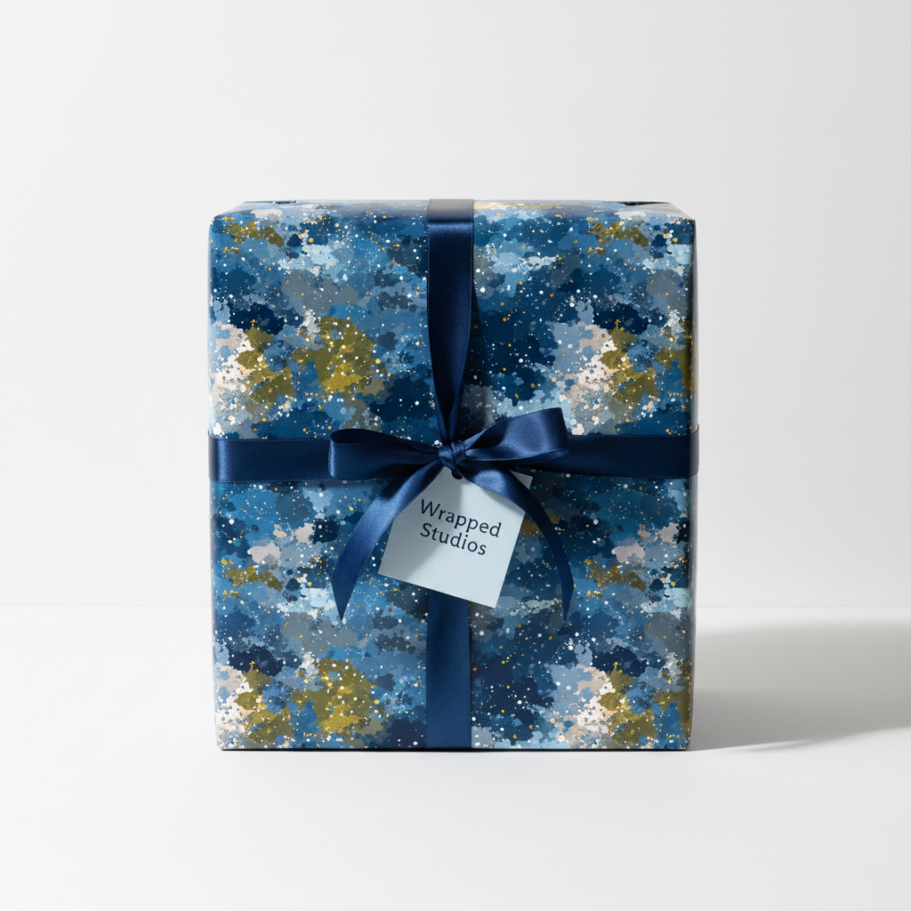 Square gift box wrapped in abstract blue pattern paper, tied with navy ribbon and tag.