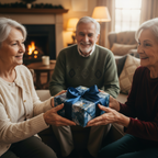 Elderly women exchanging a blue gift wrapped in decorative Christmas gift wrap with a blue bow.