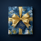 Elegant blue and gold wrapping paper with a matching ribbon, perfect for luxury gift wrap occasions.