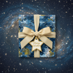 Galaxy print gift wrapped with gold ribbon and star tag reading "Merry Wishes" against space background.