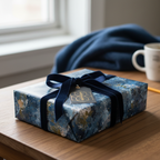 Navy blue luxury gift wrap with velvet ribbon and a geometric tag on a wooden table.