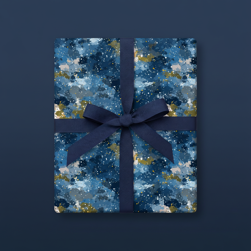 Navy blue gift box with abstract splatter pattern wrapping paper and ribbon bow.