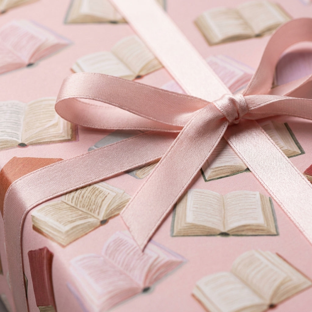 Book wrapping paper in blush pink with a matching satin bow, by Wrapped Studios.