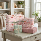 Cozy pink book wrapping paper with a bookworm pattern on gifts by Wrapped Studios.