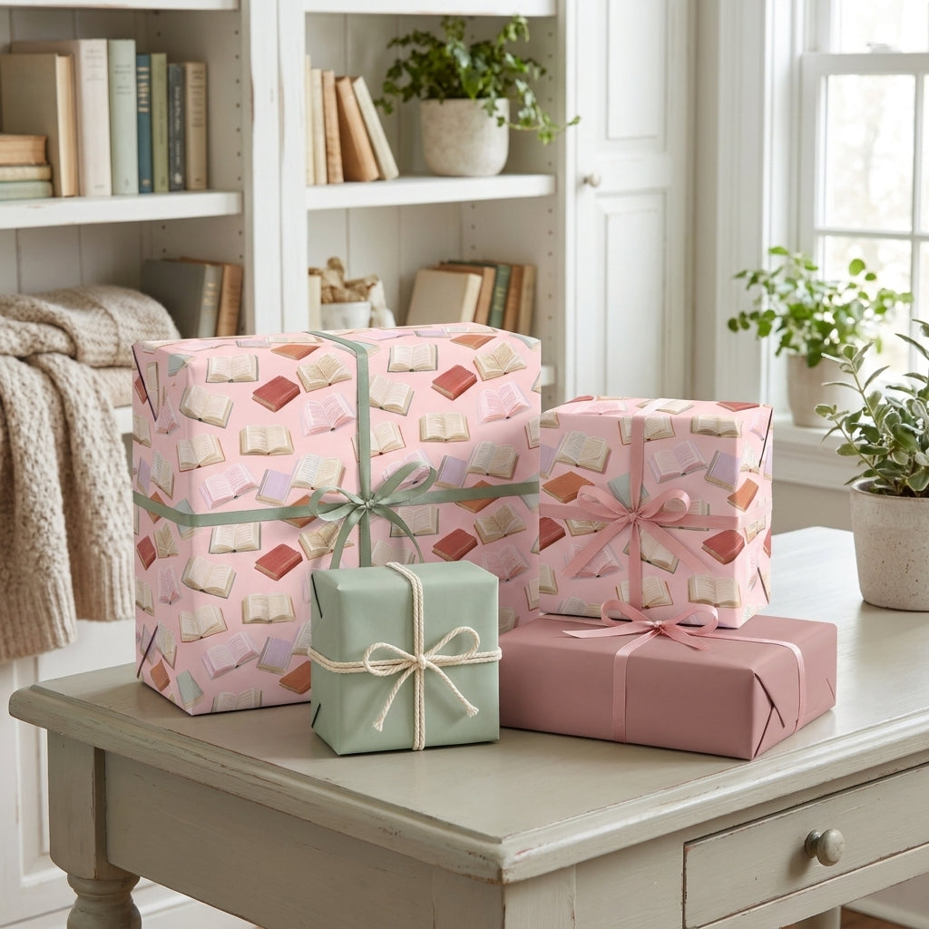 Cozy pink book wrapping paper with a bookworm pattern on gifts by Wrapped Studios.