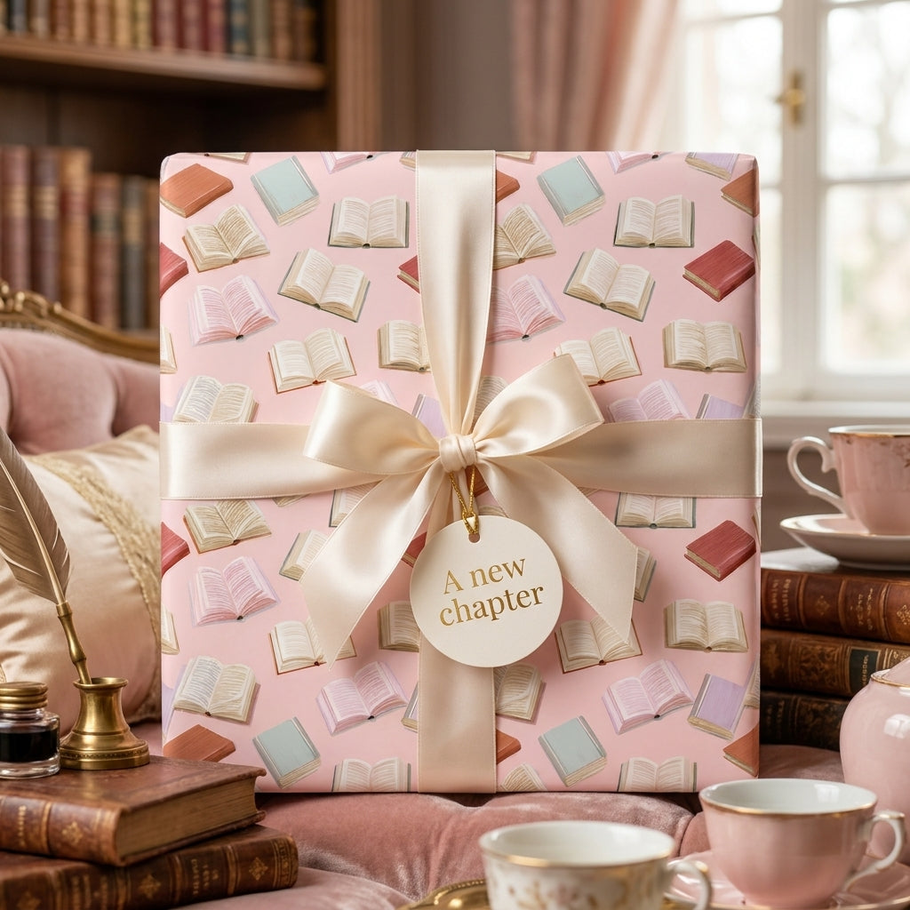 Pink book lovers wrapping paper with a luxury satin bow and gift tag by Wrapped Studios.