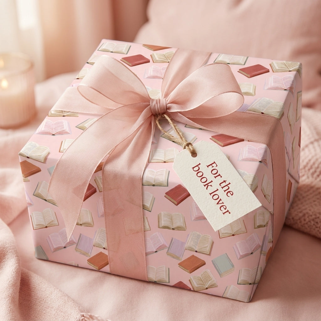 Pink book wrapping paper by Wrapped Studios with a sheer bow and "For the book lover" gift tag.