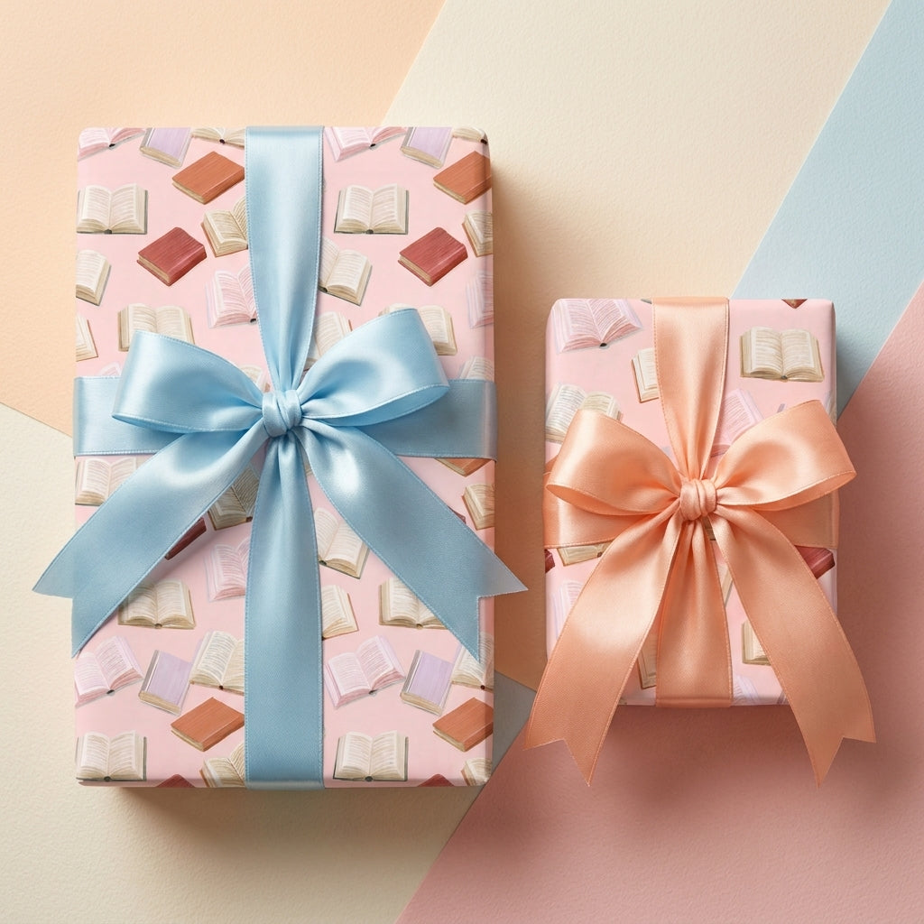 Pink book lover wrapping paper with blue and peach satin bows on gift boxes by Wrapped Studios.