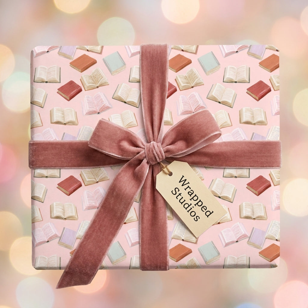Book lover gift wrap on pink wrapping paper with a dusty rose velvet bow by Wrapped Studios.