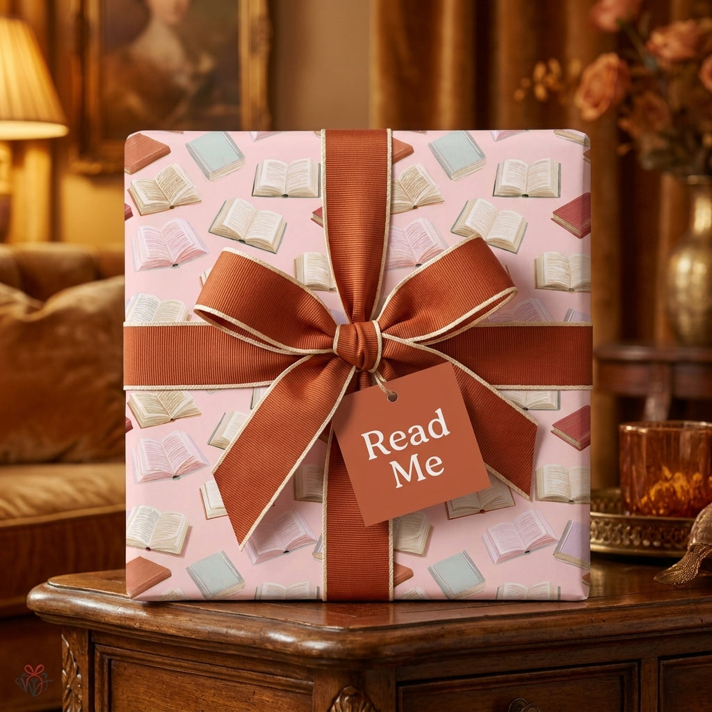 Pink book themed wrapping paper with a rust bow for book lovers by Wrapped Studios.