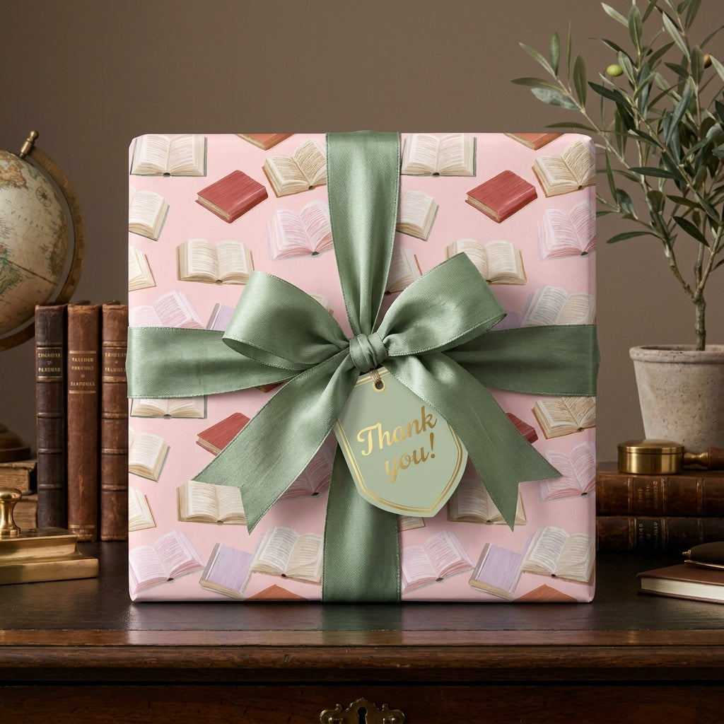 Pink bookish wrapping paper with a sage green ribbon and thank you tag by Wrapped Studios.