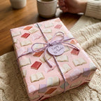 Pink book wrapping paper with purple twine on a cozy blanket. Bookish gift wrap by Wrapped Studios.