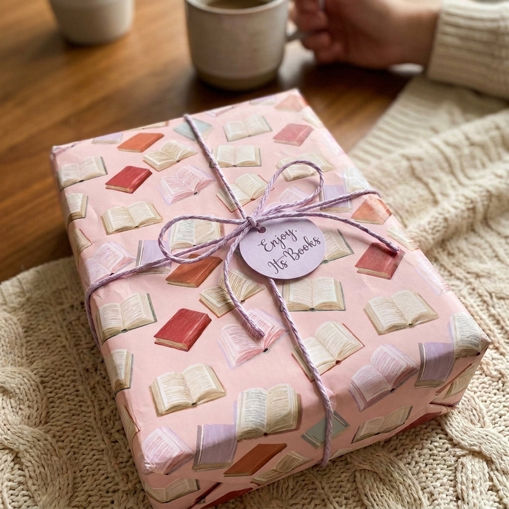 Pink book wrapping paper with purple twine on a cozy blanket. Bookish gift wrap by Wrapped Studios.