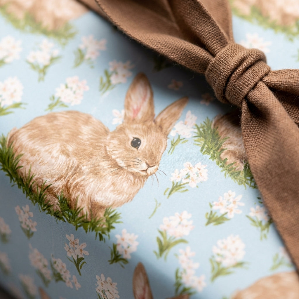 Vintage bunny wrapping paper in light blue with white flowers and a brown bow from Wrapped Studios.