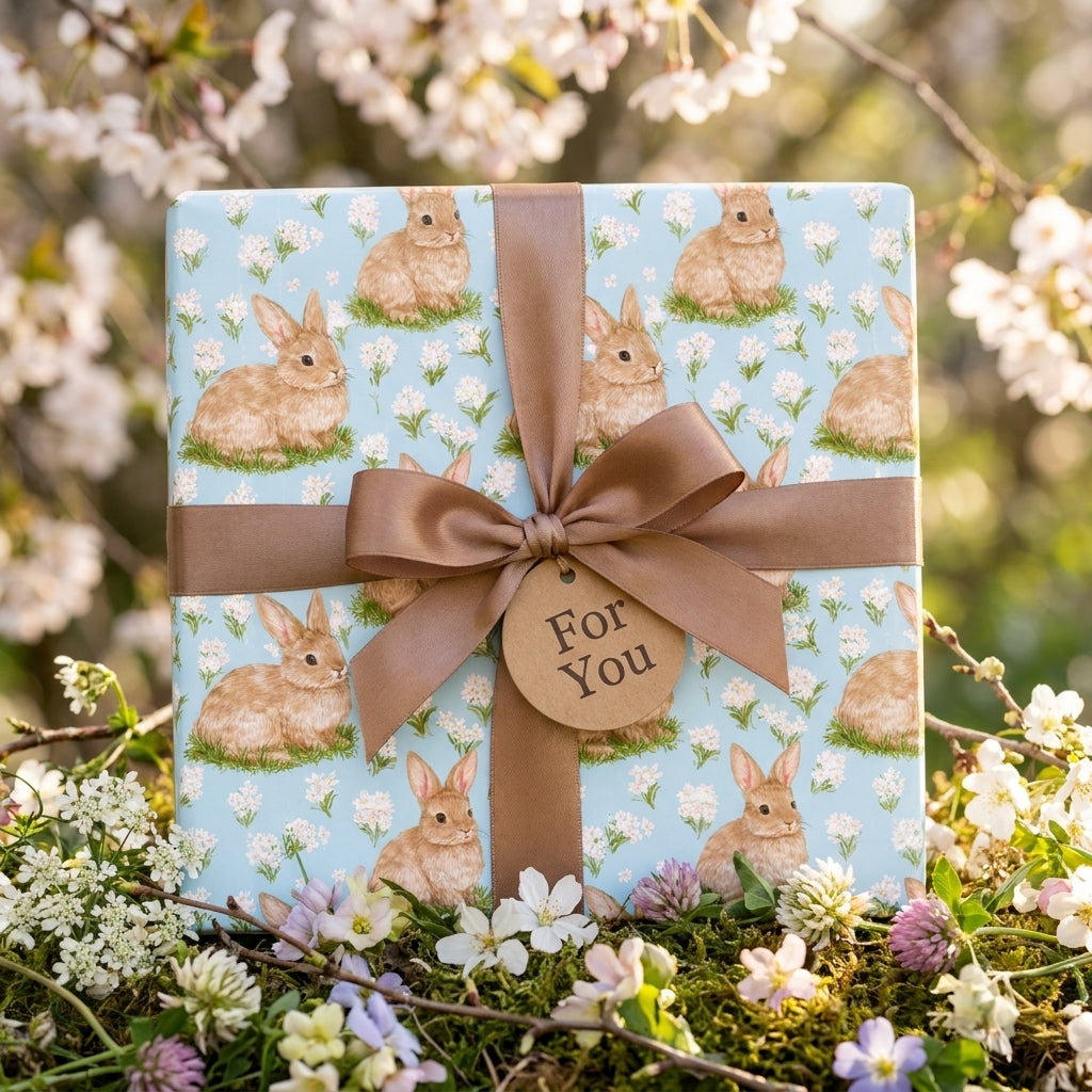 Easter bunny wrapping paper on a gift box with a brown satin bow, by Wrapped Studios.