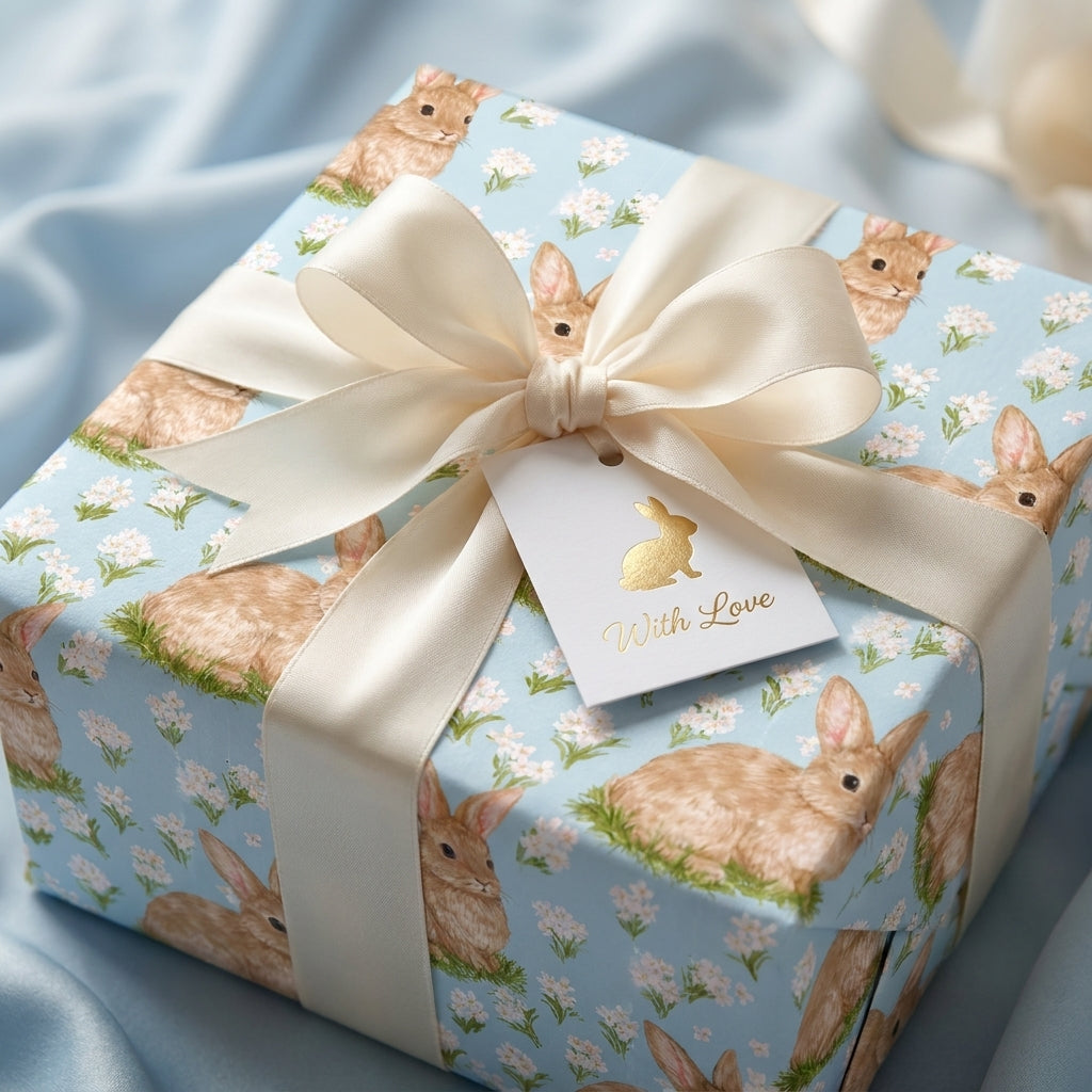 Cute bunny wrapping paper for baby shower or Easter, with a cream bow and gift tag by Wrapped Studios.