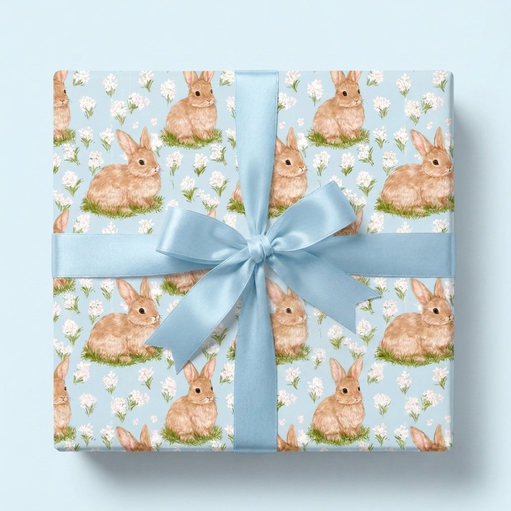 Bunny wrapping paper with a blue satin bow for Easter or baby showers, by Wrapped Studios.