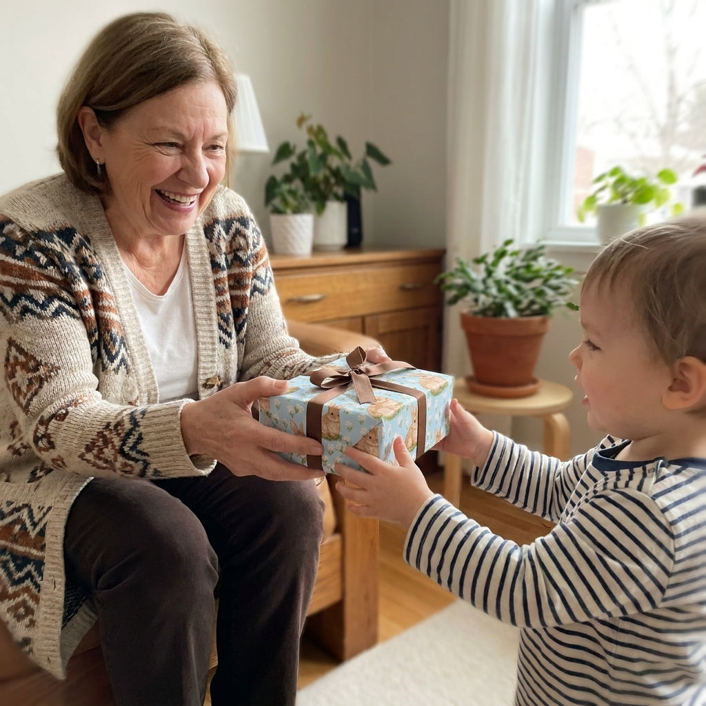 Grandmother giving a toddler an Easter gift in cute bunny wrapping paper by Wrapped Studios.