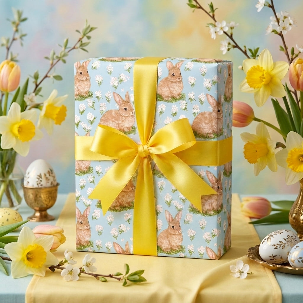 Easter bunny wrapping paper with a yellow satin bow on a spring table by Wrapped Studios.