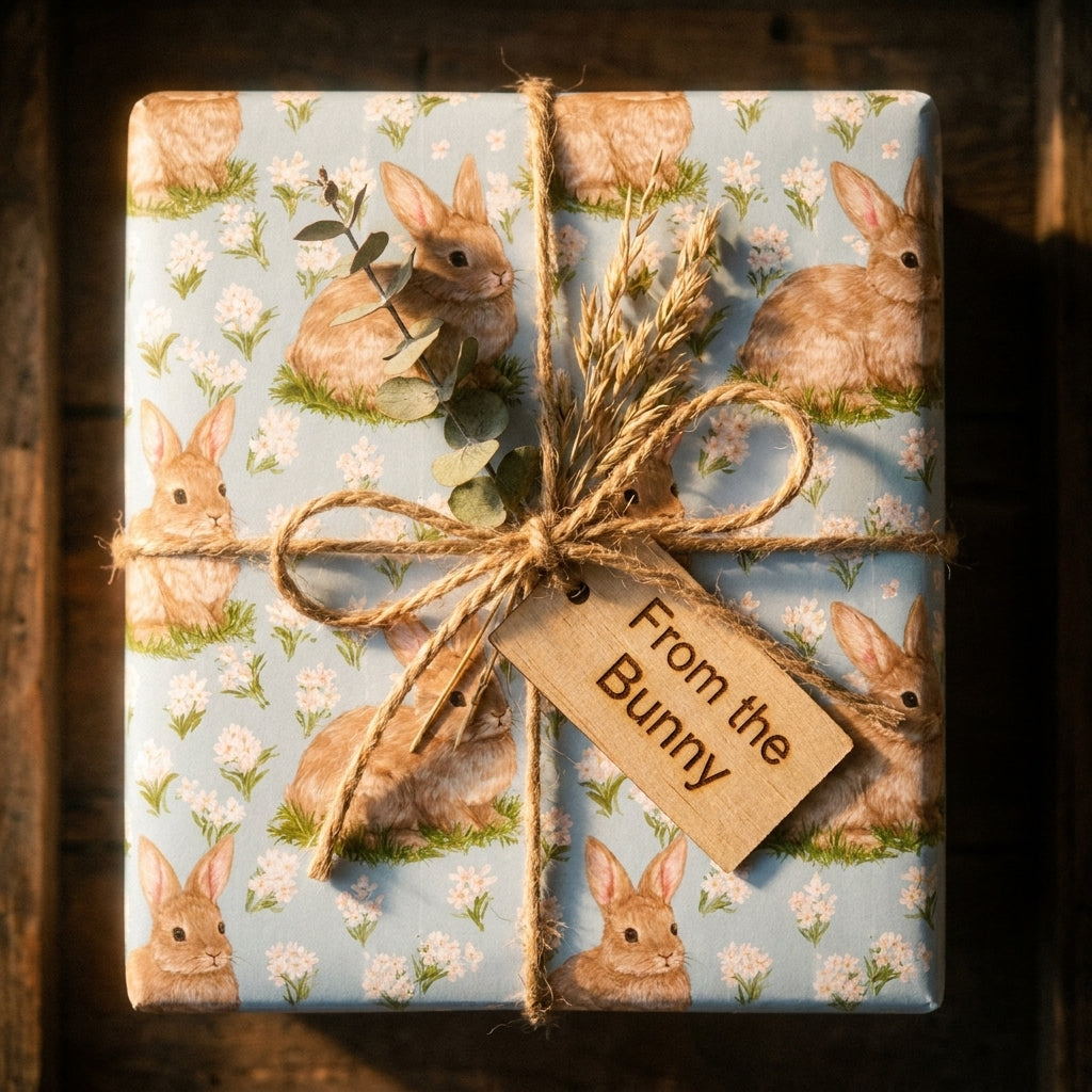 Blue floral bunny wrapping paper with a rustic twine bow and wooden tag, by Wrapped Studios.