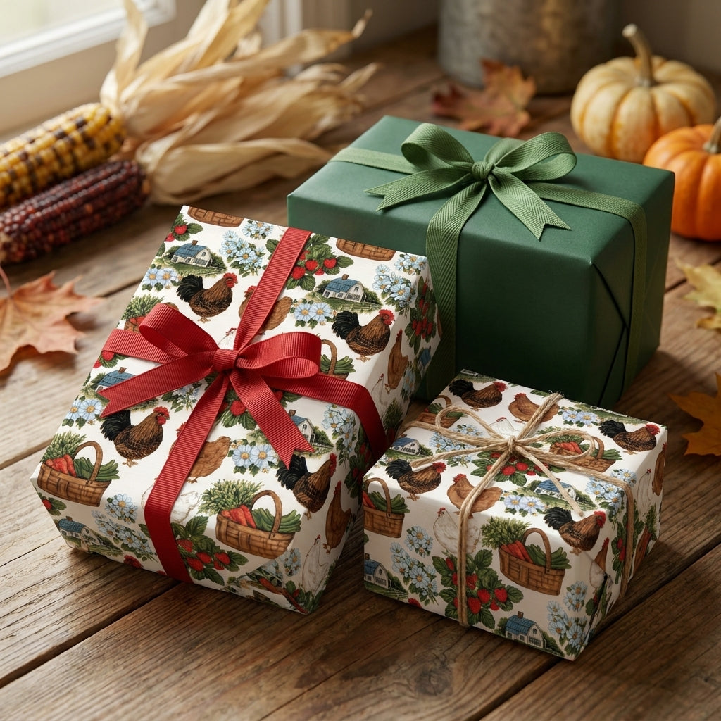 Rustic farmhouse wrapping paper with roosters and solid green gift wrap by Wrapped Studios.