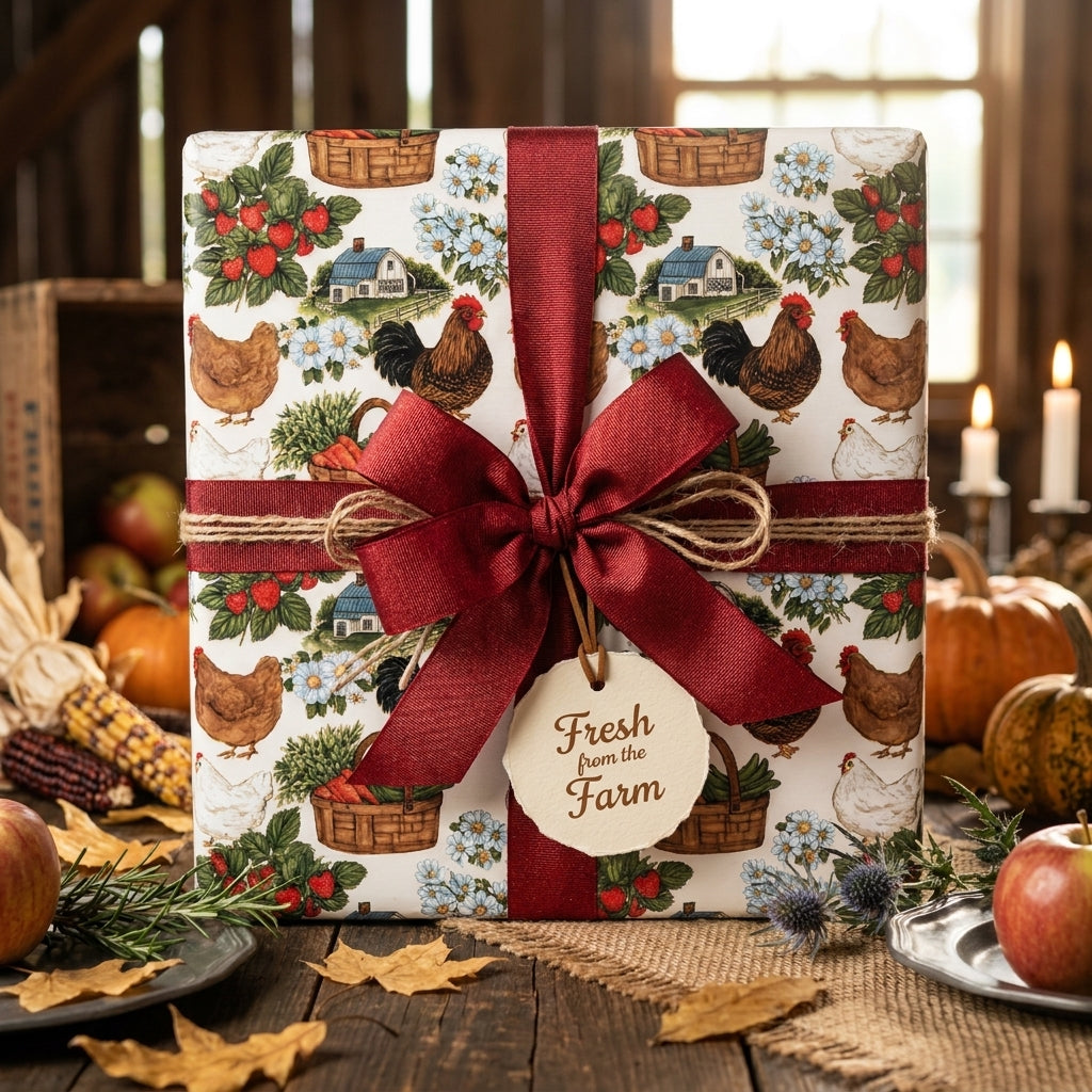 Rustic farm wrapping paper by Wrapped Studios on a gift box with a red ribbon in an autumn harvest scene.