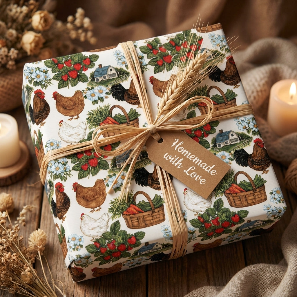 Rustic farmhouse wrapping paper featuring chickens and berries, tied with raffia by Wrapped Studios.